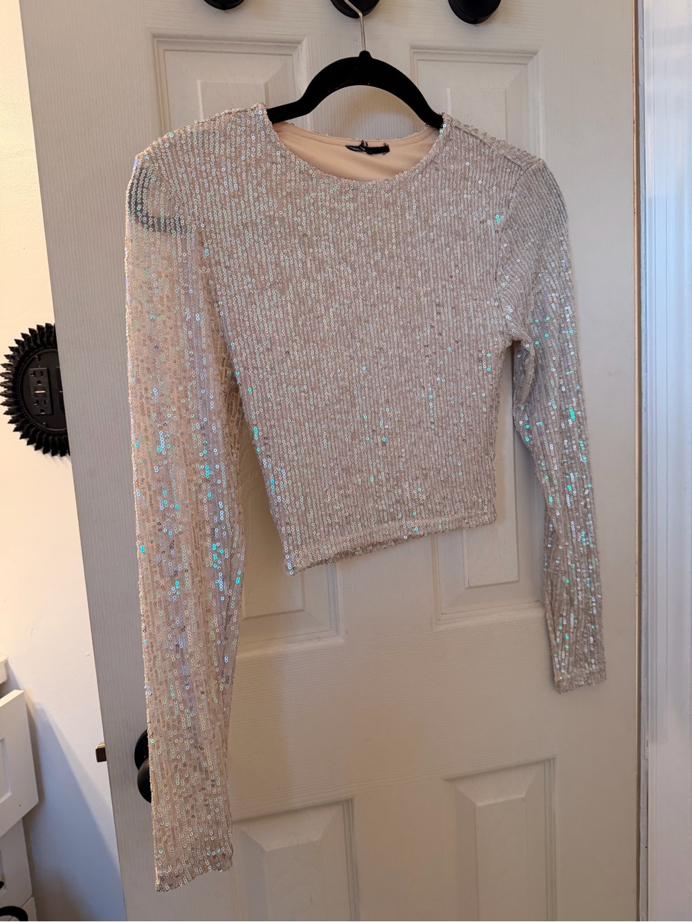 Windsor Iridescent Sequin Crewneck Crop Top - Beige